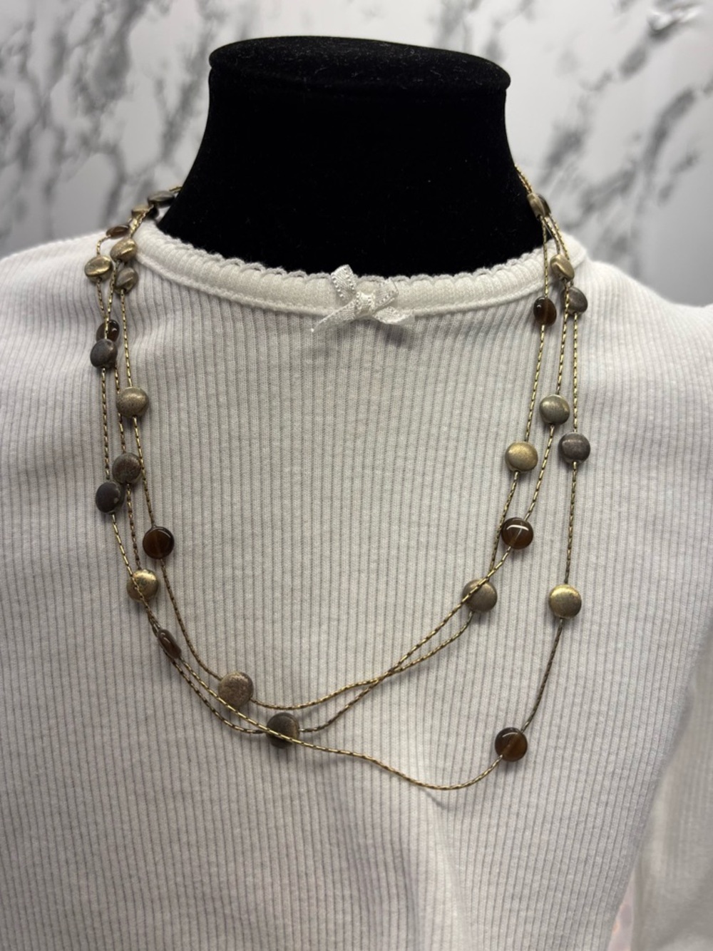 Monet Vintage Bohemian Multi-Strand Metallic and Brown Bead Necklace